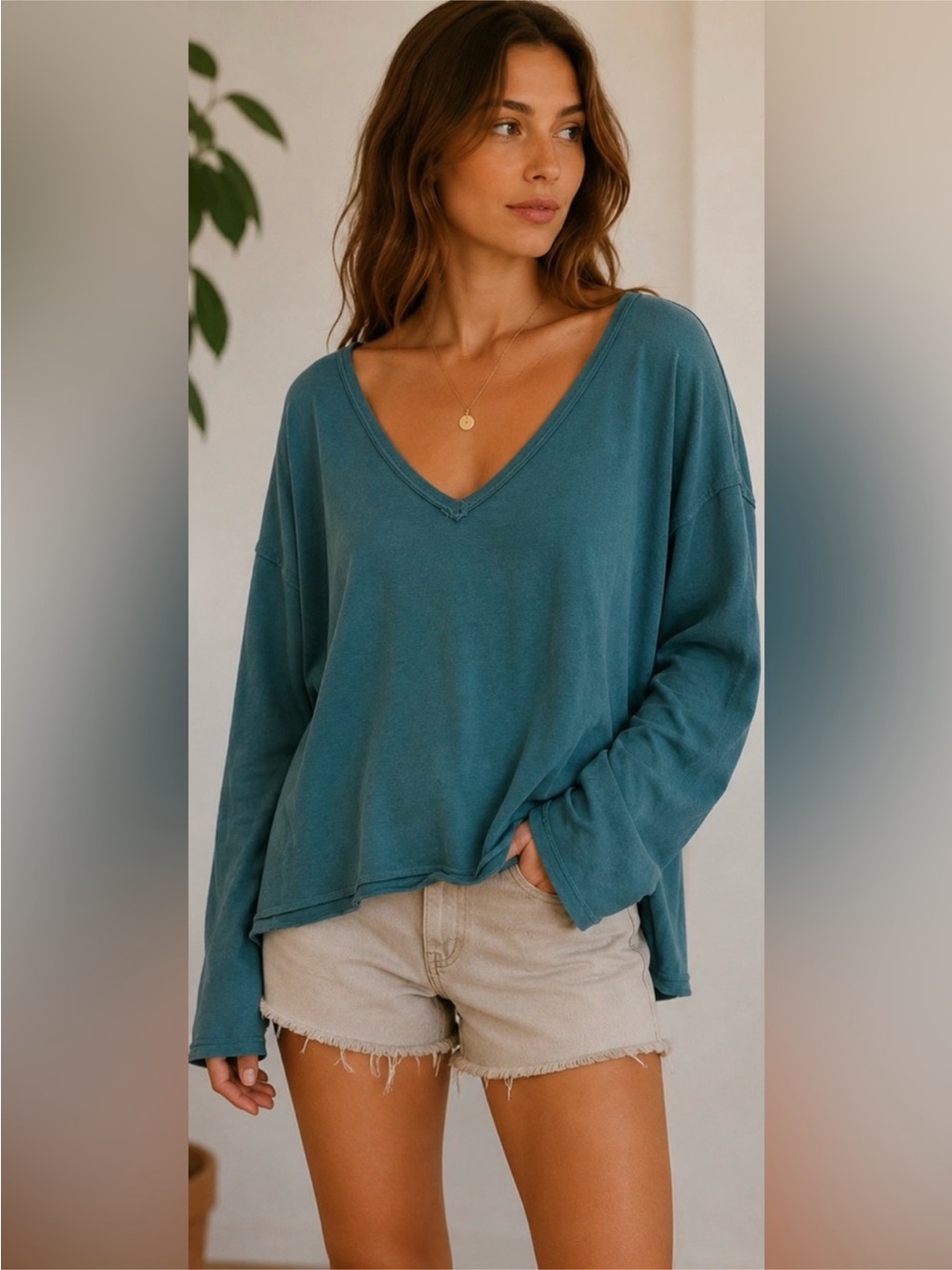 NWOT We The Free Teal Relaxed V-Neck Pullover